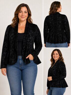 Black Flocked Velvet Peplum Open Front Jacket Topper